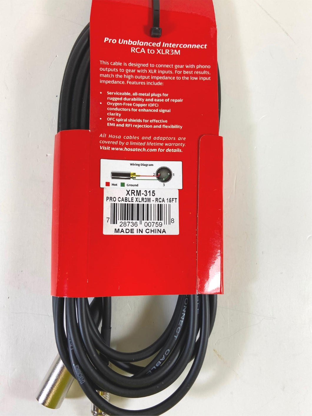 NEW! Hosa Technology XRM-315 RCA to XLR3M Pro Unbalanced Interconnect Cable 15ft